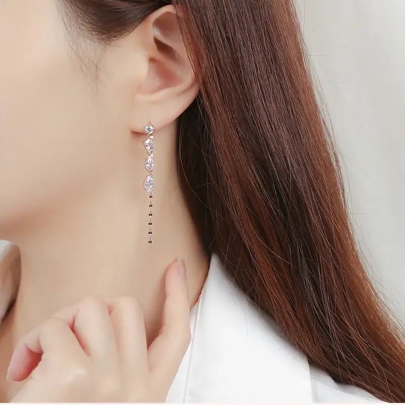 CLUE - White Crystal Long Drop Silver Earrings - Image 3