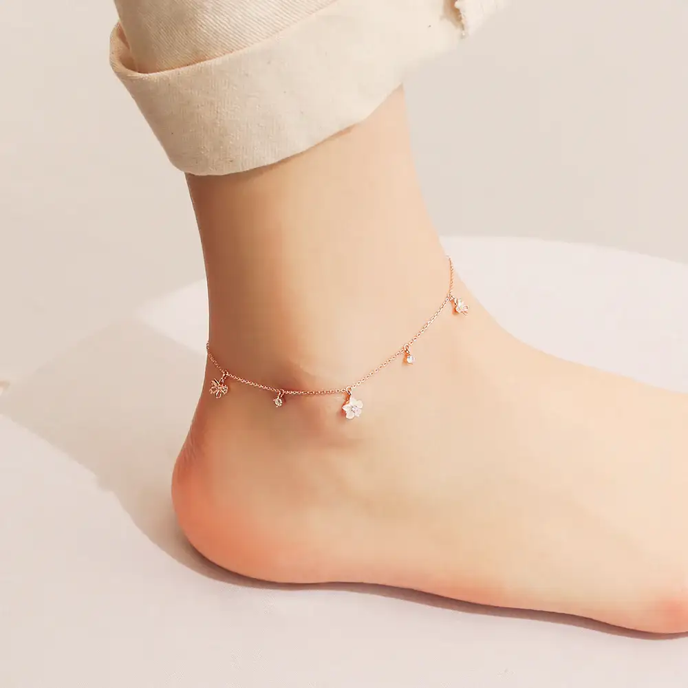 OST - White Mother-of-Pearl Flower Rose Gold Anklet - Image 4